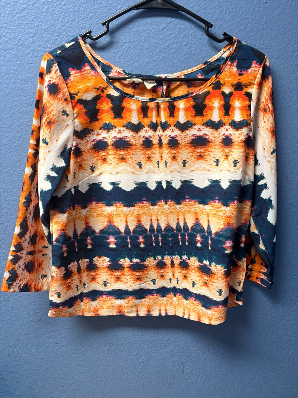 Japna Orange and Navy Patterned Scoop Neck Long Sleeve Top